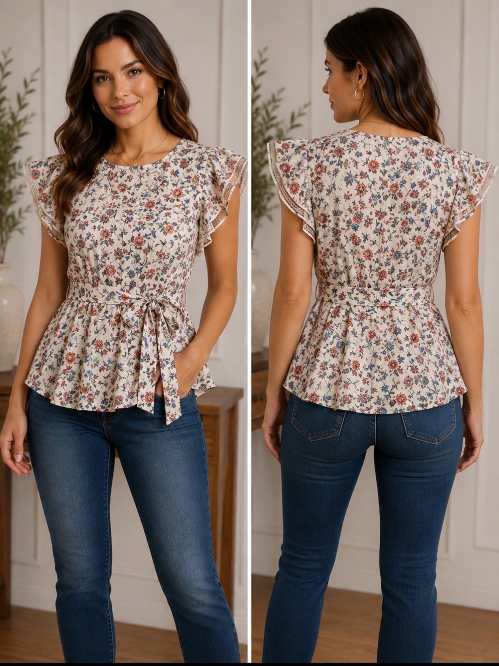 Max Studio Cream Floral Tie-Waist Blouse with Red & Blue Blooms